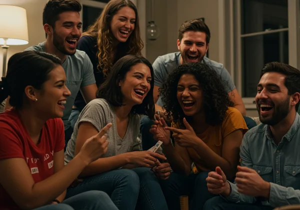 Friends laughing while playing Never Have I Ever game.
