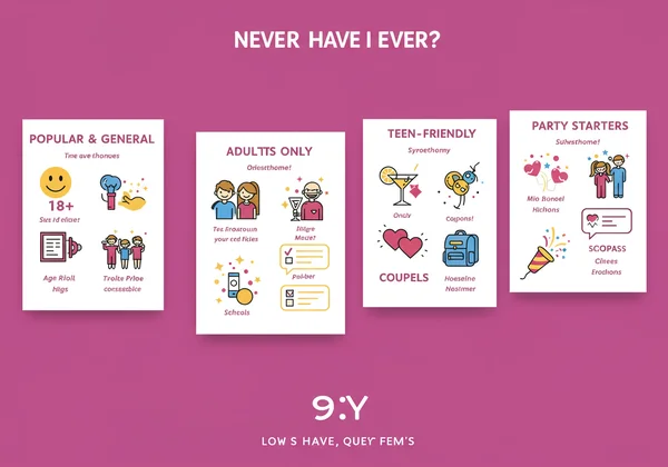 Icons representing diverse Never Have I Ever question categories.