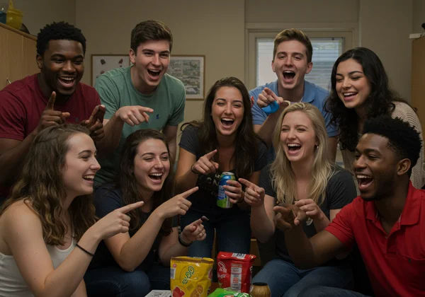 Friends laughing and playing Never Have I Ever in college