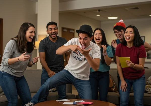 College friends doing a silly game dare, laughing
