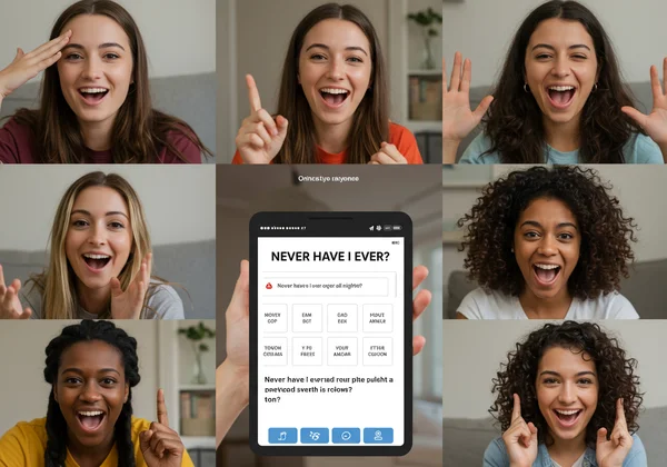 Friends playing Never Have I Ever online via video call