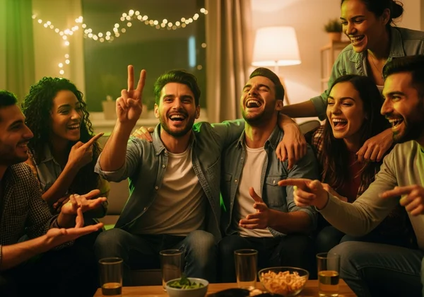 Friends laughing and playing Never Have I Ever together.