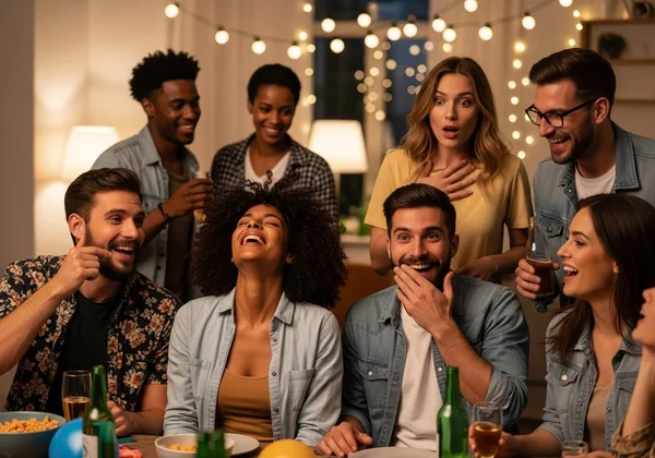 Group of friends laughing and sharing stories at a party.