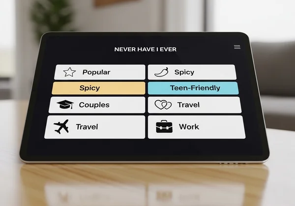 Digital interface showing Never Have I Ever question categories.