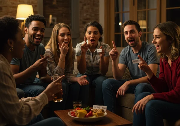 Friends playing Never Have I Ever with drinks and laughter