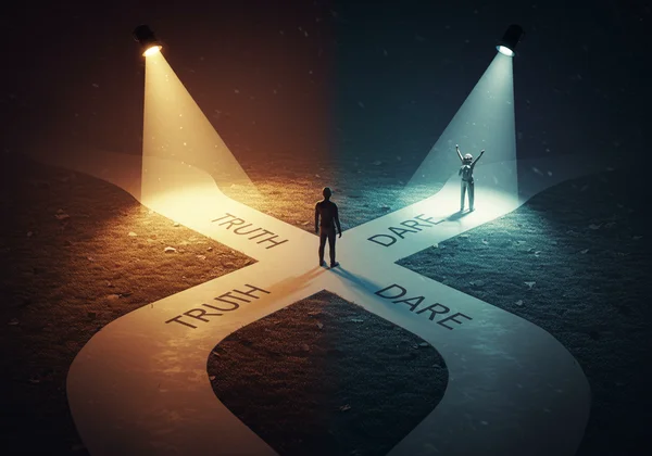 Person choosing between two paths: "Truth" or "Dare"