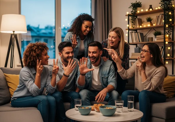 Friends playing "Never Have I Ever" at a party.