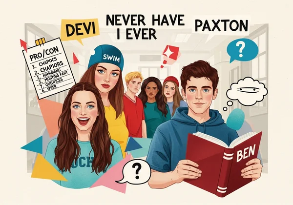 Characters Devi, Paxton, Ben in game-themed collage