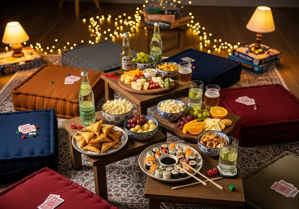 Spielabend-Atmosphäre mit Kissen und Snacks