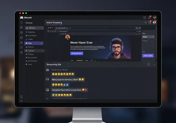 Discord interface showing Never Have I Ever stream