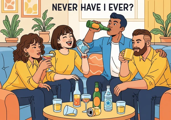 Friends playing Never Have I Ever with drinks