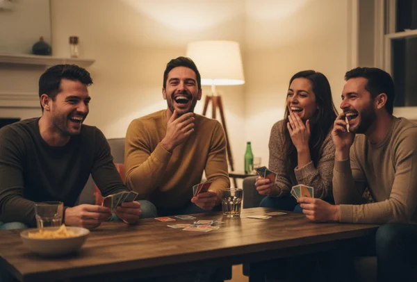 Friends laughing around a game table